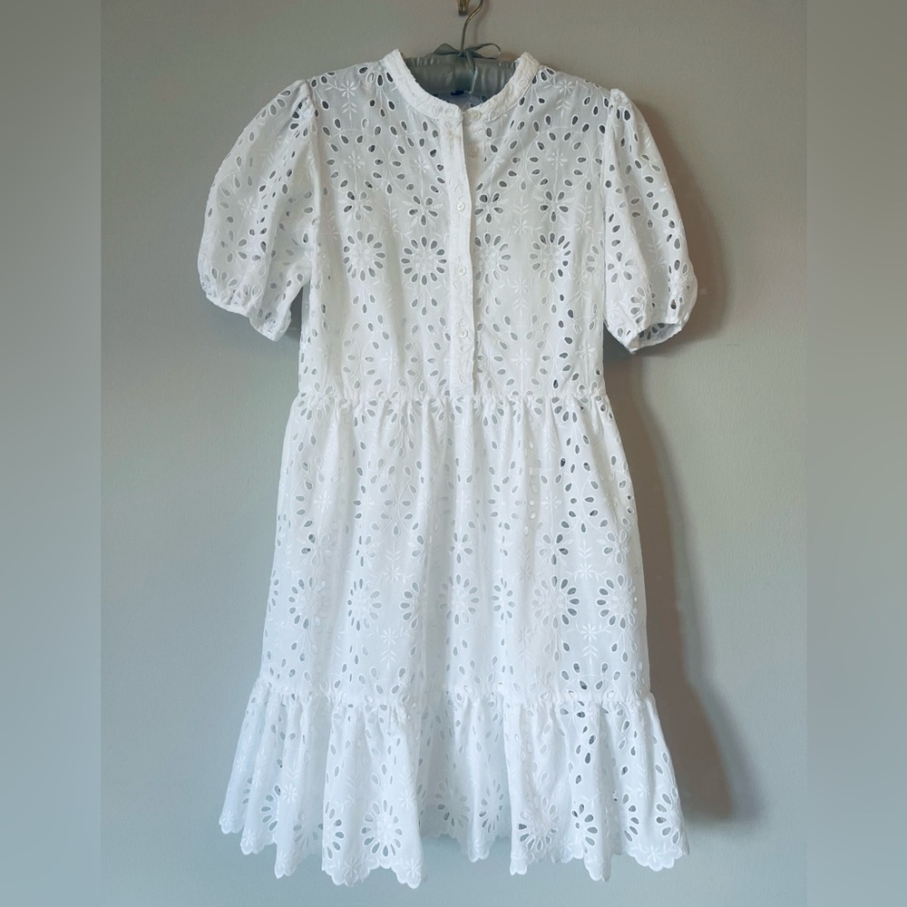 J. Crew White Tiered Midi Sundress with Puff Sleeves Size: 4